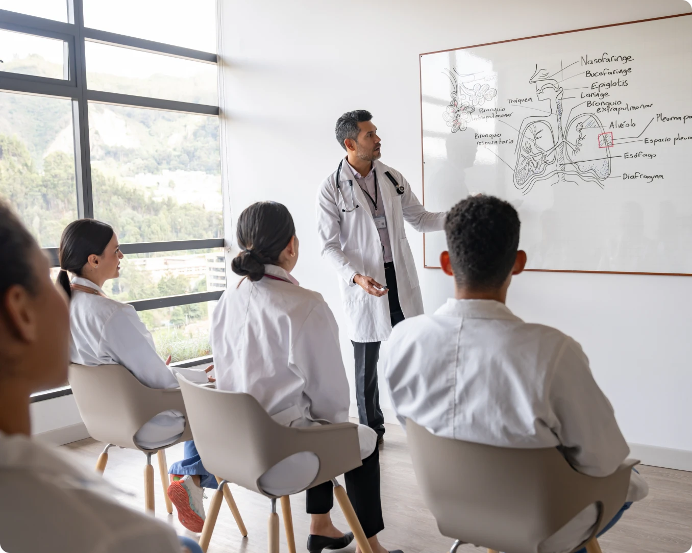 Classroom discussion on human anatomy diagram