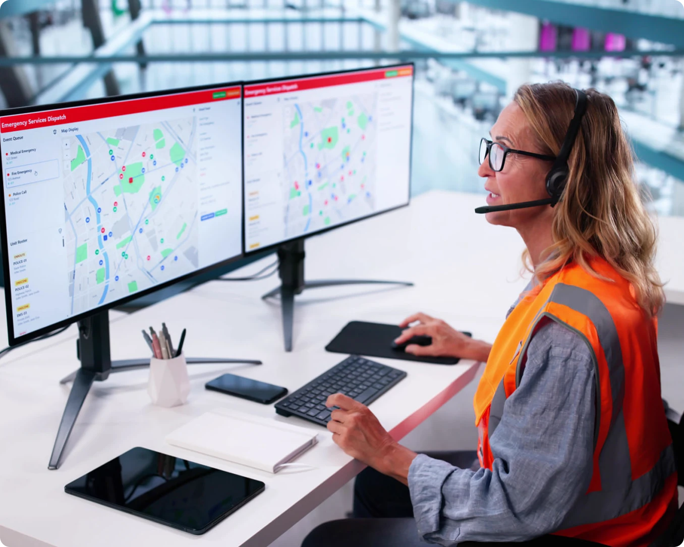 Dispatcher with headset at workstation